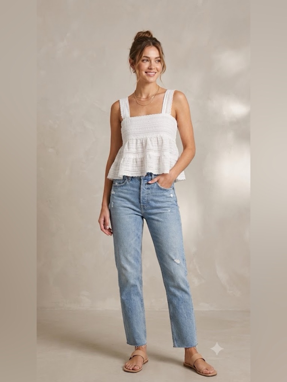 Dee Elly White Eyelet Lace Square Neck Peplum Crop Tank Top TMS1153IMK-A XS - Picture 8 of 8